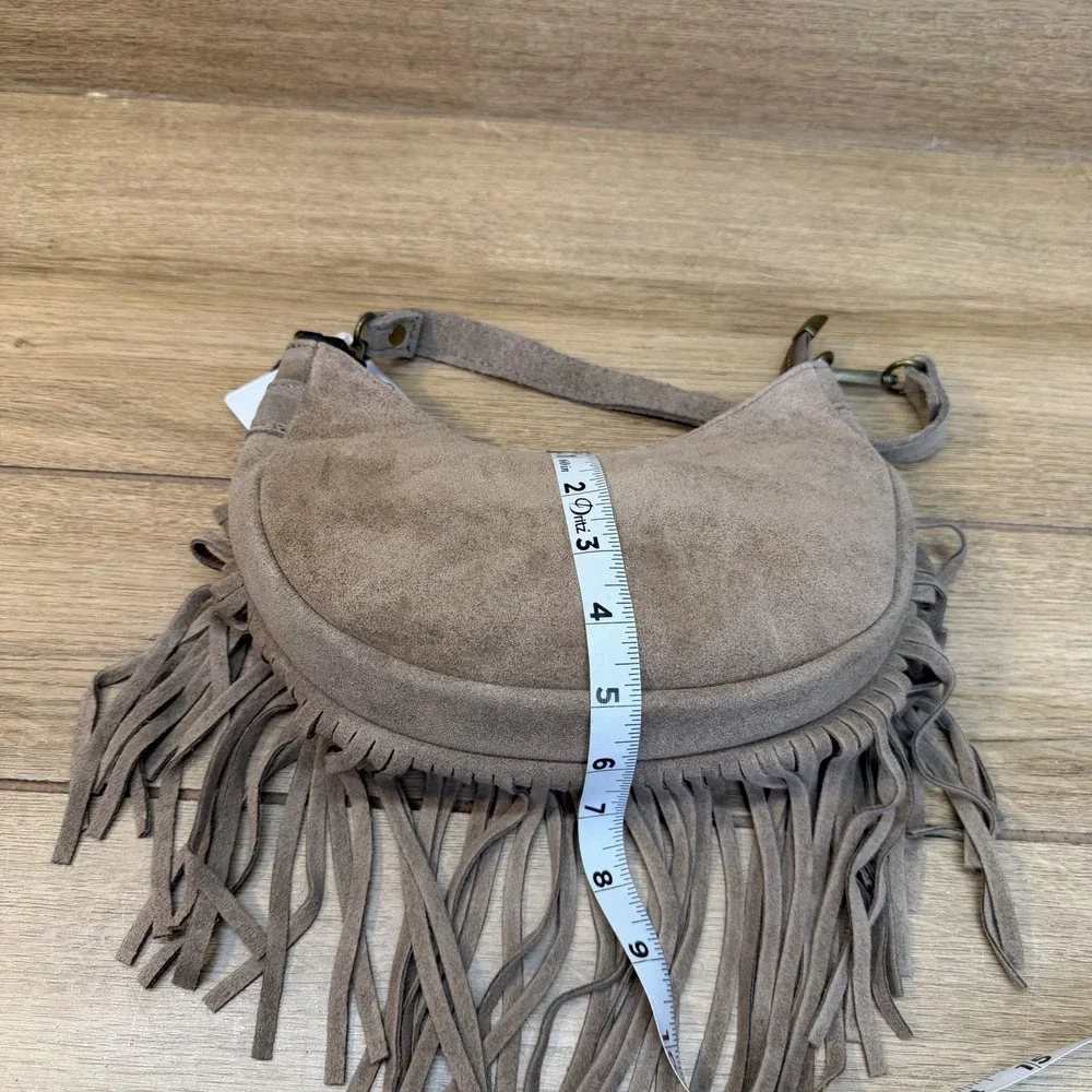 Marlon Firenze Italy Taupe Suede Crescent Shoulder Crossbody Bag Fringe Boho